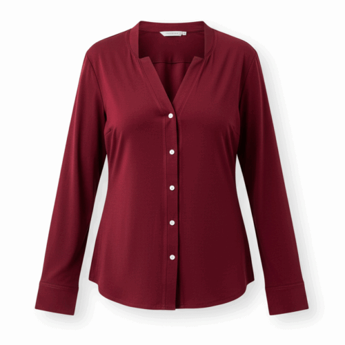 Jersey Oberteil Schnittmuster UMEKO_B – taillierte Bluse in Bordeaux mit V-Kelchausschnitt