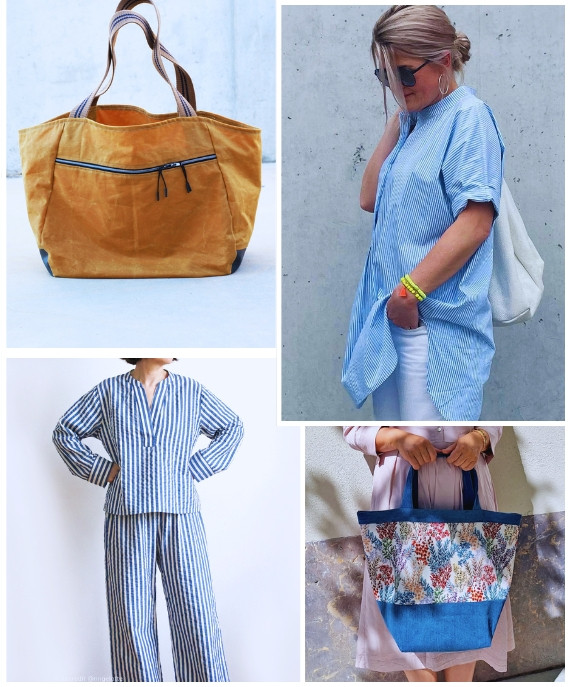 2 Taschen, eine Longbluse in hellblau und ein gestreifter pyjama genäht nach Schnittmustern von b-patterns